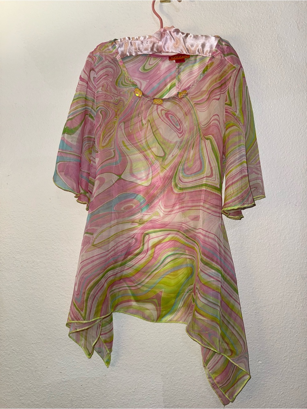 Vintage Kate Mack Girls Pink and Green Swirl Sheer Tunic Dress
